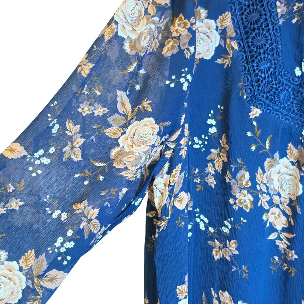 Sundance Highland Garden Silk Tunic Blouse Floral Sz XL Blue Pullover Sheer $138 - Picture 7 of 16